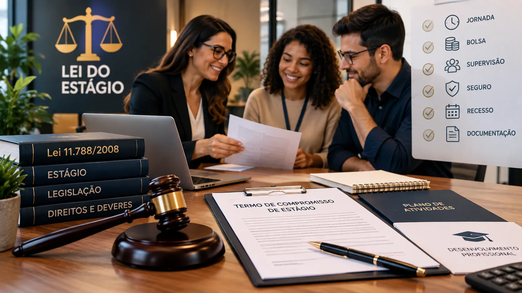 Profissional de RH orientando estudante e gestor sobre regras da Lei do Estágio